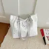 Bolsa Tote Prateada com Estampa de Estrelas Prateadas Estilo Coreano para Meninas Aplique de Coelho de Pelúcia Pingente de Estrela de Renda Bolsa de Ombro Versátil