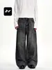 Pantalones Vaqueros Largos Casuales Rectos Lavados Desgastados Descoloridos con Forro de Terciopelo para Hombres y Mujeres Fengmei Estilo Retro Americano Bigotes de Gato Negro Gris