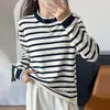 26 Primavera Nuevo Estilo Algodón Puro Rayado Tejido Versión Coreana Manga Larga Holgado Cuello Redondo Sencillo Casual Versátil Top para Mujer