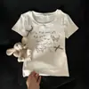Camiseta de Manga Corta con Cuello en U para Mujer, Estilo Coreano, Bordado Dulce de Perro Dachshund, Top Delgado de Verano con Diseño de Lazo 3D, Moderno