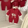 Roupa de Ano Novo para Bebê, Estilo Fino, Bordado Estilo Chinês, Roupa de Ano Novo de Camada Única, Roupa Festiva Vermelha para Bebê Menino de 100 Dias