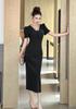 Verano 2026 Nuevo Vestido Negro Formal de Ocasión Bodycon de Manga Larga con Escote en V de Estilo Francés Resistente para Mujer Por Encima de la Rodilla 9085