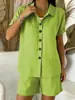 2026 Verano Independiente Transfronterizo Europeo y Americano Sitio Web Amazon Nuevo Casual Botón Algodón y Lino Conjunto de Camisa de Manga Corta para Mujer