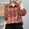 Camisa Longa de Algodão Gaze Dupla com Gola de Lapela Xadrez Versátil Artística Feminina Moda Solta Casual Camada Base Roupa Feminina