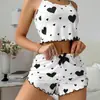 Conjunto de Dos Piezas de Camisola de Canalé con Estampado de Amor Europeo y Americano y Shorts Estilo Dulce de Verano Pura Tentación Ropa Exterior Ropa de Casa