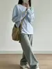 100% Algodón Crema Azul Holgado Capa Base Manga Larga Mujer 2026 Nuevo Color Sólido Casual Top Capa Base