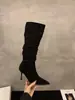 Botas altas de tacón alto con punta de ante caqui apilado para mujer, otoño e invierno 2026, botas altas de equitación ajustadas con forro de polar