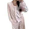 Conjunto de Roupa de Casa Feminino Simples Outono/Inverno Cardigã de Lã Coral com Borboleta Embossada Gola Redonda Tamanho Grande Manga Longa Quente