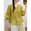 Camisa de Linho de Algodão Bordada Artística Feminina Verão Novo Retro Gola Redonda Manga Média Solta Emagrecedora Top Cardigan Petite