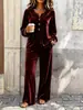 Roupas femininas outono e inverno novas, europeias e americanas, transfronteiriças: conjunto casual de veludo com top de manga longa abotoado e calça longa solta conjunto de duas peças
