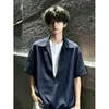 Camisa de camiseta de verano para hombre azul marino, estilo dos piezas falsas, manga corta, lino sintético, cuello en V, chaqueta ligera de manga media con cuello desplegable