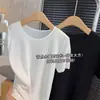 Tricô Simples de Alta Qualidade Preto e Branco em Triacetato! Ombro Quadrado Generoso Bainha Enrolada Emagrecimento Manga Curta Textura Fresca Camiseta Fina Verão