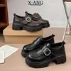 En stock~Zapatos de plataforma de 7 cm de grosor para aumentar la altura para mujeres bajitas, mocasines negros JK uniformes de cuero genuino, zapatos de plataforma de un solo color