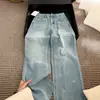 Jeans bordados azul claro para mujer, estilo fino de primavera y otoño, talla grande, corte holgado, adelgazante, adecuados para cuerpo tipo pera, pantalones de pierna ancha