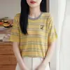 Tencel Listrado Gola Redonda Manga Curta Feminina 2026 Verão Novo Fresco Respirável Estampa Listrada Camiseta Versátil Temperamento