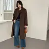 Outono/Inverno Novo Estilo Coreano Elegante Emagrecedor Gola Alta Patchwork Cadarço Longo Lã Dupla Face Casaco Feminino