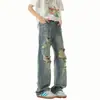 Jeans Rotos Estilo High Street Americano para Hombre, Diseño de Verano con un Ambiente Post-Apocalíptico, Pantalones Ligeramente Acampanados, Pantalones Rectos Versátiles de Marca de Moda