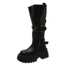 Botas de motocicleta de cuero con hebilla larga y a la moda estilo coreano para mujer, diseño 2026, suela gruesa, tela negra de otoño