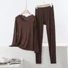Conjunto de dos piezas de modal para casa talla grande para primavera y otoño, camiseta de manga larga fina con cuello redondo sin costuras y conjunto de pantalones
