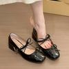Sapatos Mary Jane 2025 Sapatos de Saia de Noite Femininos com Laço Novo Salto Alto Grosso Bico Quadrado de Alta Qualidade Estilo Francês