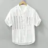 Camisa de Manga Corta con Parches de Rayas Retro Japonesas para Hombre Verano Pareja Estilo Montaña Marca de Moda Suelta Casual Nicho Camisa de Moda