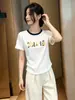 Camiseta de Manga Corta con Diseño de Moda Versátil de Tendencia para Verano 2026, Bloques de Color, Adelgazante, Estampado de Letras, Top para Mujer