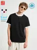 Camiseta Regular de Algodão Puro com Manga Caída, Estilo Americano Moderno, 200g, Gola Redonda, Manga Curta, Blocos de Cor com Costura Colorida e Cores Contrastantes, Versátil para Casais