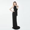Vestido de Novia Ligero Ajustado Estilo Halter Sin Mangas de Satén Negro Vestido para Anfitrión de Reunión Anual Vestido para Fiesta de Cumpleaños