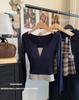 6808# outono e inverno costura falso casaco de duas peças manga longa fino ombro fino camiseta design senso nicho mulheres