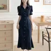 Coreia do Sul Chique Verão Leve Maduro Lapela Botão Único Cinto Design Solto Vestido Camisa Longo Vestido Mulher