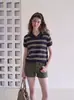 Estilo colegial de verano súper bonito, traje de shorts casual coreano para mujer, mangas cortas a rayas de verano combinado con un conjunto completo talla única