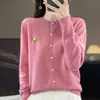 Abrigo Jersey Versátil Manga Larga Cuello Redondo Cardigan de Punto de Terciopelo Andy para Mujer Corte Holgado Bordado de Oso Color Sólido Elegante