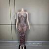 Vestido de Palco Sexy, Cristais Prateados Brilhantes e Strass, Vestido de Tricô Marrom Transparente