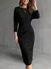 Amazon transfronterizo europeo y americano otoño/invierno nuevo moda femenina cuello redondo manga murciélago manga larga cintura alta ajustado vestido