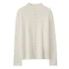 Suéter de malha feminino 100% caxemira outono e inverno, novo, corte solto, cor sólida, com contas feitas à mão, barra enrolada, gola semi-alta, designer
