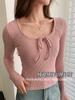 H126 Camiseta Interior de Punto con Lazo Seleccionado Cuidadosamente para Mujer en Otoño e Invierno, Cuello en U Hombro Derecho Ajustado Manga Larga