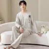 Algodón Puro Conjunto de Pijama de Manga Larga con Dibujos para Hombre Ropa de Casa Talla Grande Pantalones Sueltos Otoño para Hombre Se Puede Usar al Aire Libre