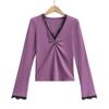 DS24385-24 nuevo invierno americano cuello en V plisado dos botones encaje costuras manga larga camiseta básica