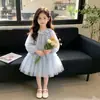 Vestido de niña 2026 otoño nuevo dulce cuello de encaje rayado de corazón malla vestido de princesa