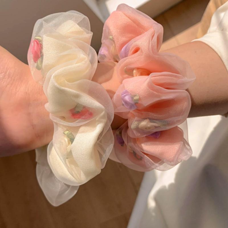 2404169 超仙玫瑰花朵欧根纱高级感大肠发圈女森系甜美发