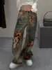 Jeans Retro Americano Resistente com Estampa de Urso Ilusório para Mulheres, Calças Trendy de Comprimento Total no Estilo de Rua