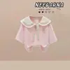 Verão 2026 Novo Doce Estilo College Gola de Marinheiro Manga Curta Camiseta Patchwork Xadrez Casual Calça de Perna Larga Conjunto de Duas Peças