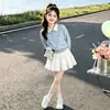 Conjunto de Menina para Primavera e Outono: Conjunto de Duas Peças Elegante e Único: Moletom com Gola, Acabamento em Renda Doce de Laço e Saia Combinando