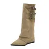 Botas femininas longas, nova coleção outono 2026, botas brancas, bico fino estilo francês, cano plissado, botas de montaria versáteis