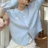 Nuevo cárdigan de punto de manga larga azul claro para primavera, estilo suave y lechoso, suéter corto simple y versátil para mujer
