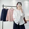 Blusa de manga larga para mujer talla grande, estilo coreano, para principios de otoño, cuello simple con volantes, corte holgado, favorecedora, versátil y elegante