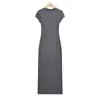 Vestido Largo Ajustado Elástico Estilo Europeo y Americano Transfronterizo para Mujer, Cuello Redondo Pequeño, Abertura Trasera acanalada, Cuello Redondo, Hombro Normal, Vestido de Manga Corta