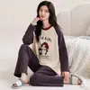 Pijama de algodón para mujer de primavera y otoño, manga larga y pantalón largo, cuello redondo, dulce y lindo, se puede usar fuera de casa, conjunto de ropa para el hogar para mujer