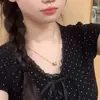 Al por mayor transfronterizo Verano Modal Elegante Delgado Encaje Lunares Hombro Derecho Manga Corta Camiseta Mujer Dulce Top Corto