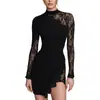 Vestido bodycon de encaje transparente elegante de manga larga, ajustado, con abertura, de marca independiente, comercio exterior transfronterizo europeo y americano, para socialité
